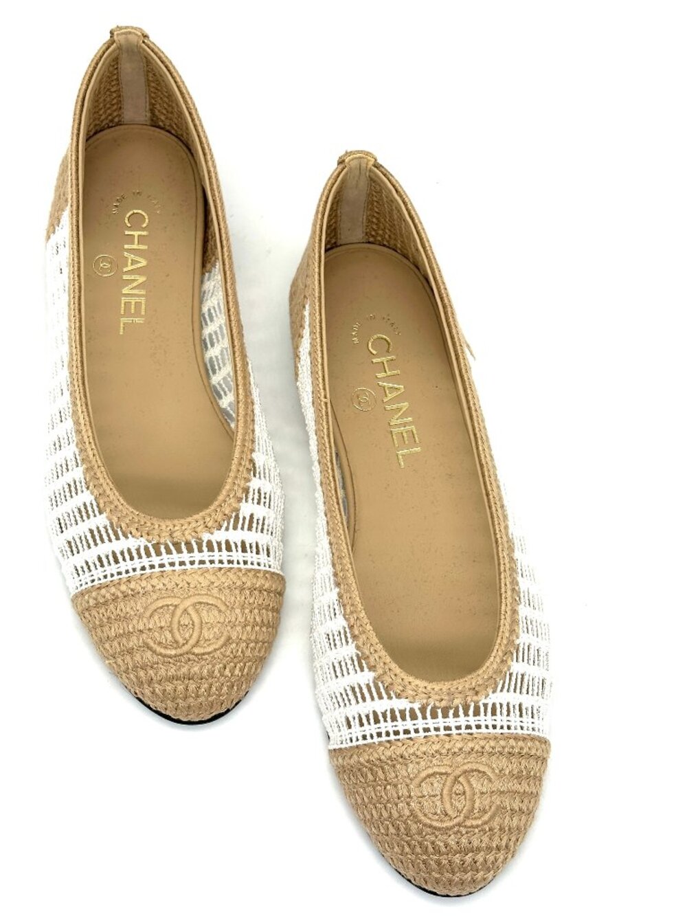 CHANEL REV CC Raffia Crochet Woven Two Tone Cap Toe Ballerina Ballet Flats - Picture 14 of 14